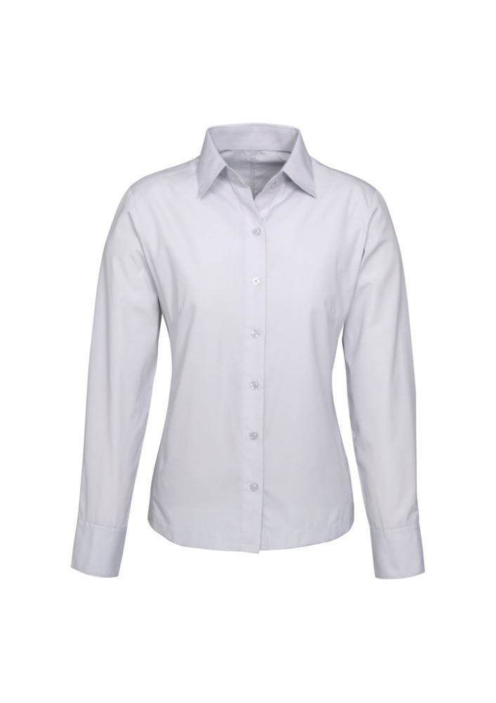 Ladies Ambassador Long Sleeve Shirt in Silver Grey, featuring stylish stripes, UPF protection, and a tailored fit for versatility.
