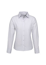 Ladies Ambassador Long Sleeve Shirt in Silver Grey, featuring stylish stripes, UPF protection, and a tailored fit for versatility.