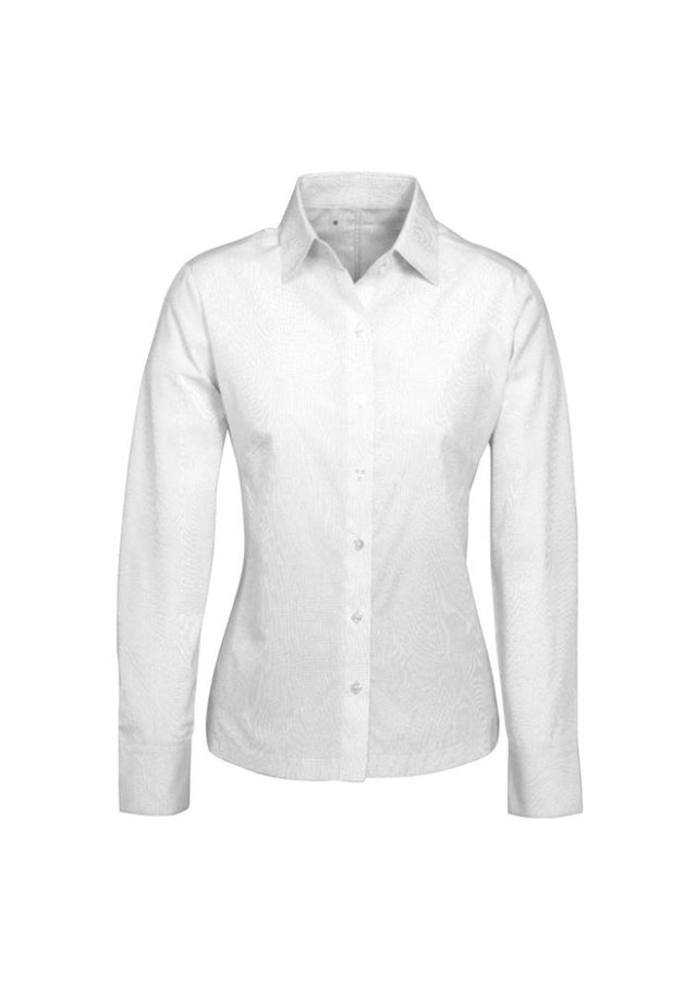 Ladies Ambassador Long Sleeve Shirt in white, size 10, featuring a yarn-dyed stripe design, bust darts, and a classic collar.