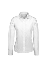 Ladies Ambassador Long Sleeve Shirt in white, size 6, featuring a stylish yarn-dyed stripe design and UPF sun protection.