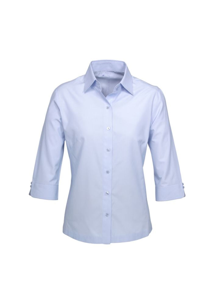 Ladies Ambassador 3/4 Sleeve Shirt in blue, size 20, featuring a flattering fit, UPF protection, and stylish yarn-dyed stripes.