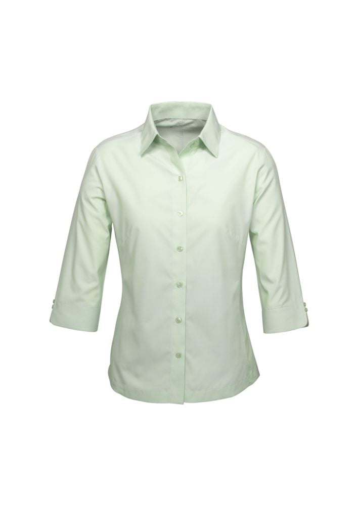 Ladies Ambassador 3/4 Sleeve Shirt showcasing yarn-dyed stripes, elegant button details, and a flattering fit for stylish comfort.