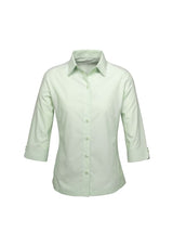 Ladies Ambassador 3/4 Sleeve Shirt showcasing yarn-dyed stripes, elegant button details, and a flattering fit for stylish comfort.