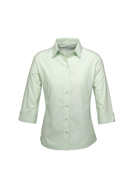 Ladies Ambassador 3/4 Sleeve Shirt showcasing yarn-dyed stripes, elegant button details, and a flattering fit for stylish comfort.