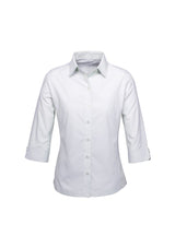 Ladies Ambassador Silver Grey 3/4 Sleeve Shirt, size 8, featuring stylish yarn-dyed stripes and versatile cuffs for a polished look.