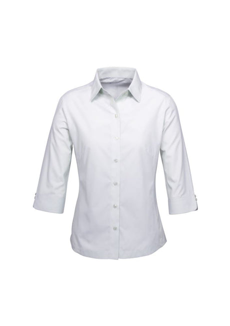 Ladies Ambassador Silver Grey 3/4 Sleeve Shirt, size 8, featuring stylish yarn-dyed stripes and versatile cuffs for a polished look.