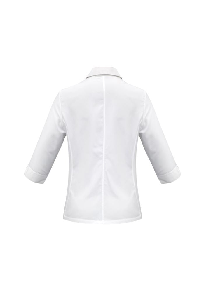 Elegant white 3/4 sleeve shirt for women, featuring bust darts, side panels, and UV protection for versatile styling.