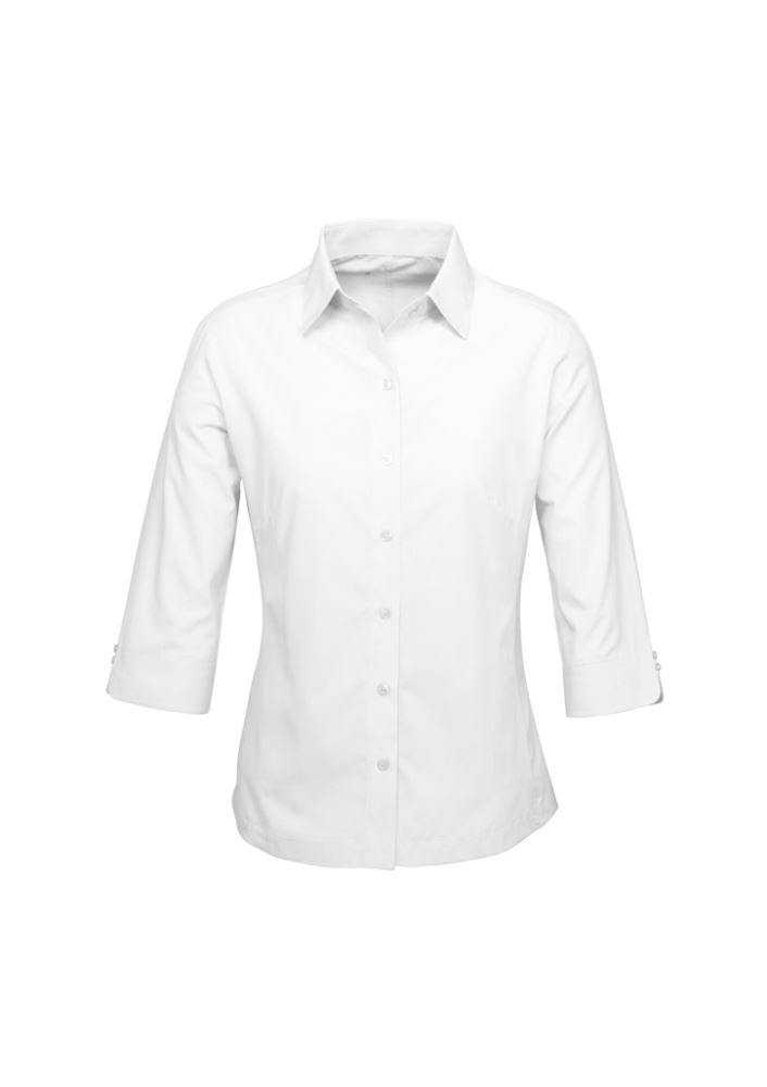 Ladies Ambassador white 3/4 sleeve shirt, size 10, featuring tailored fit, easy care fabric, and stylish button details.