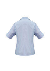 Ladies blue ambassador short sleeve shirt, size 14, features yarn-dyed stripes, bust darts, and UPF protection for stylish comfort.