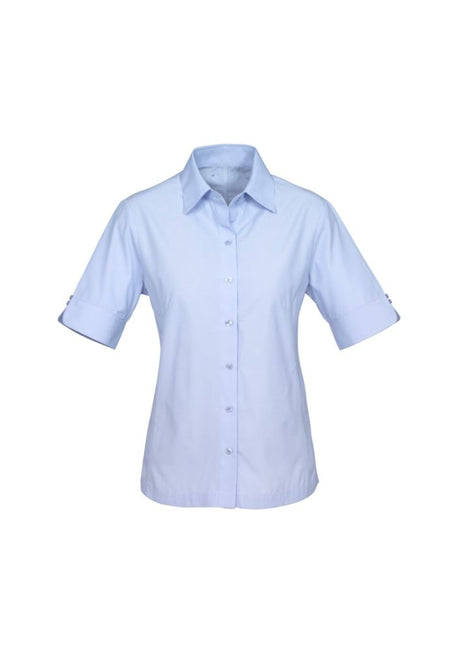 Elegant blue short sleeve women's shirt, size 16, featuring a yarn-dyed stripe, UPF protection, and chic detailing.
