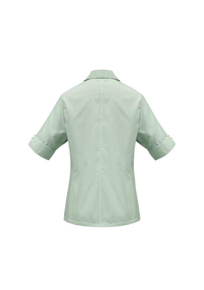 Ladies green short sleeve shirt, size 8, featuring yarn dyed stripes, tailored fit, and UPF protection for stylish comfort.