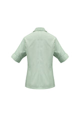 Ladies green short sleeve shirt, size 8, featuring yarn dyed stripes, tailored fit, and UPF protection for stylish comfort.