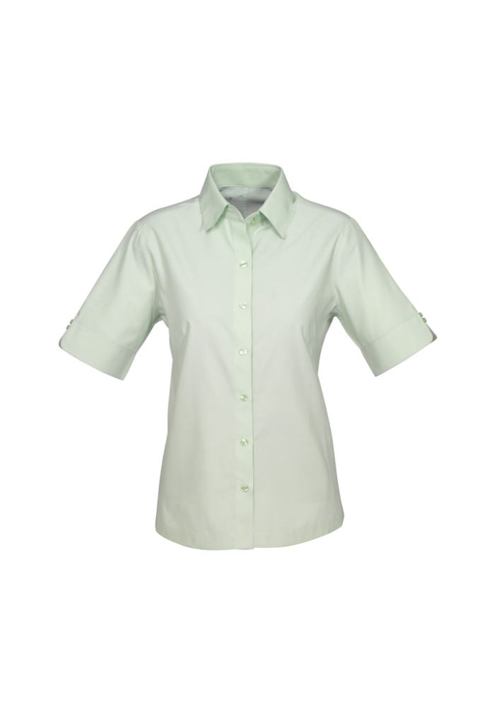 Ladies Ambassador Short Sleeve Shirt in green, size 14, featuring a stylish yarn-dyed stripe and flattering fit.
