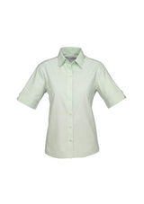 Ladies Ambassador Short Sleeve Shirt in green, size 14, featuring a stylish yarn-dyed stripe and flattering fit.