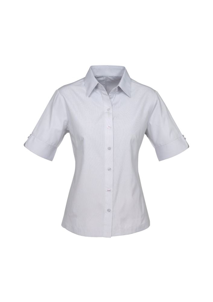Ladies Ambassador Short Sleeve Shirt in Silver Grey, size 24, featuring a stylish stripe, UPF protection, and flattering design elements.