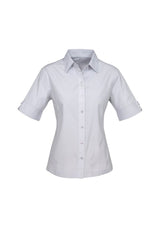 Ladies Ambassador Short Sleeve Shirt in Silver Grey, Size 18, features stylish stripes, a comfortable fit, and sun protection.