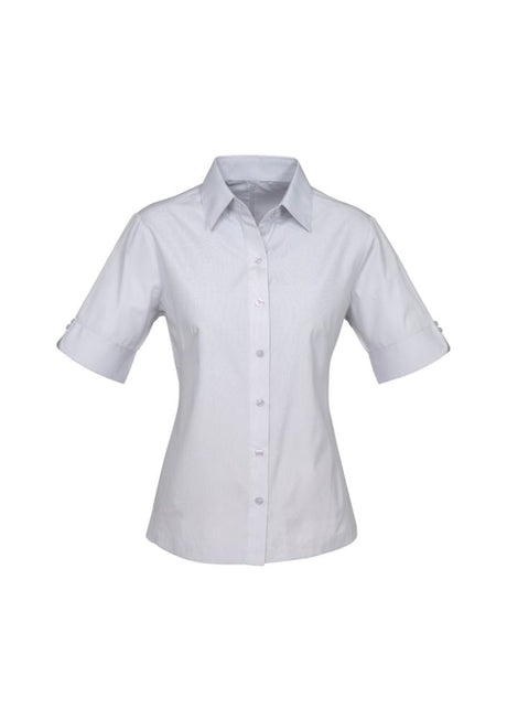 Ladies Ambassador Short Sleeve Shirt in Silver Grey, Size 14, featuring a flattering fit, UPF protection, and stylish yarn-dyed stripes.