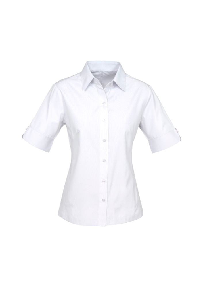 Ladies Ambassador Short Sleeve Shirt in white, size 10, featuring a stylish yarn-dyed stripe and elegant fit enhancements.