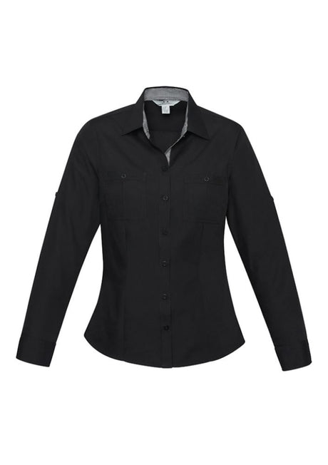 Ladies Bondi Long Sleeve Shirt in Black/Check, Size 16, with UPF protection, twin pockets, roll-up sleeves, and curved hem.