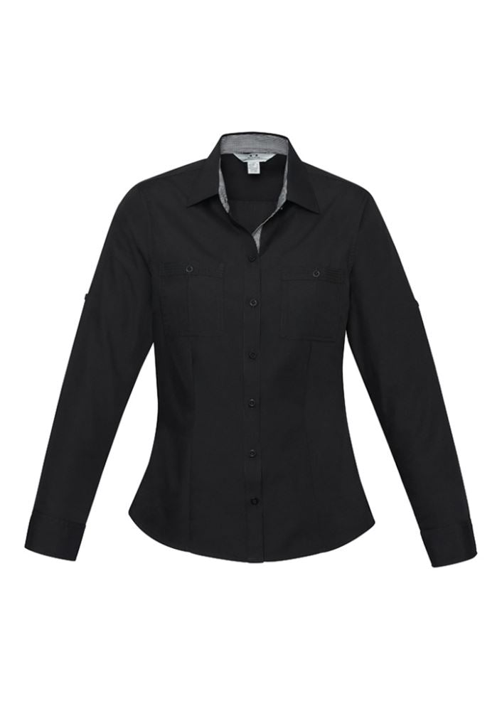 Ladies Bondi Long Sleeve Shirt in Black/Check, Size 22, featuring stylish pockets, roll-up sleeves, and a flattering curved hem.