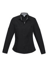 Ladies Bondi Long Sleeve Shirt in Black/Check, Size 22, featuring stylish pockets, roll-up sleeves, and a flattering curved hem.