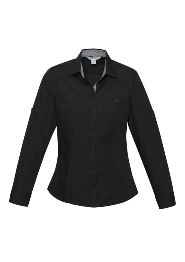 Ladies Bondi Long Sleeve Shirt in Black/Check, Size 22, featuring stylish pockets, roll-up sleeves, and a flattering curved hem.