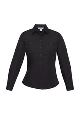 Ladies Bondi Long Sleeve Shirt in Black, Size 10, featuring twin chest pockets, roll-up sleeves, and excellent UPF protection.