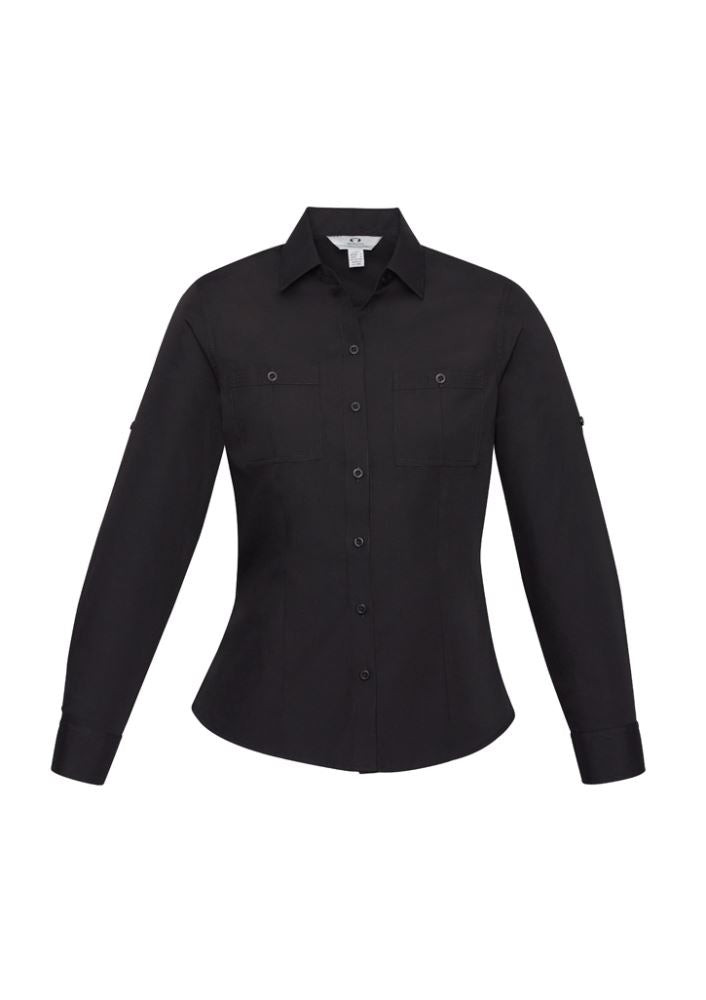 Ladies Bondi Long Sleeve Shirt in black, size 22, featuring twin chest pockets and roll-up sleeves for versatility and style.