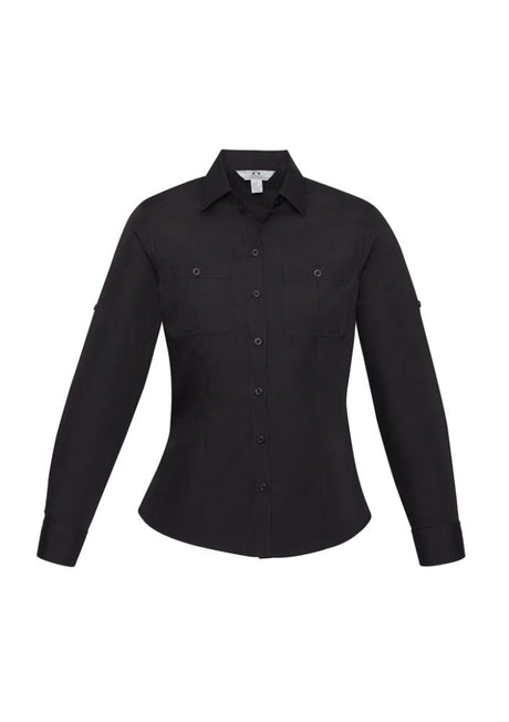 Ladies Bondi Long Sleeve Shirt in black, size 22, featuring twin chest pockets and roll-up sleeves for versatility and style.