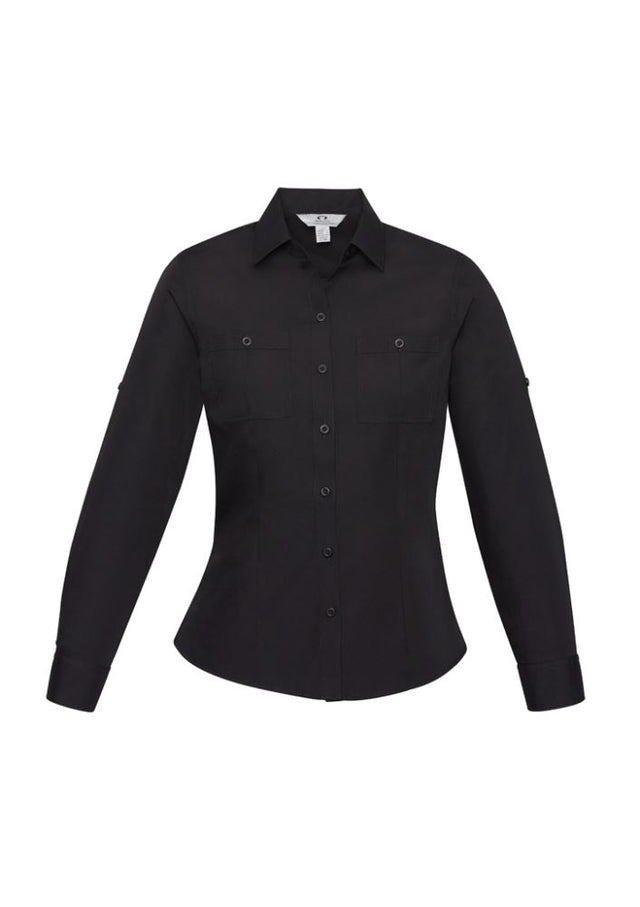 Ladies Bondi Long Sleeve Shirt in black, size 22, featuring twin chest pockets and roll-up sleeves for versatility and style.
