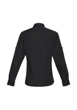 Ladies Bondi Long Sleeve Shirt in black, size 14, featuring twin chest pockets and roll-up sleeves for versatile styling.