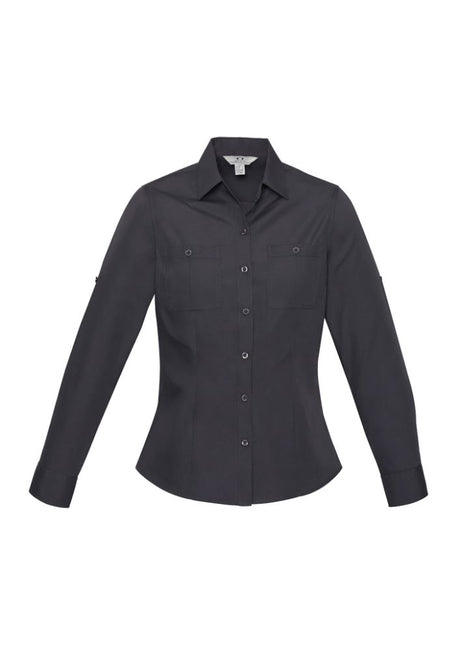 Ladies Charcoal Bondi Long Sleeve Shirt, Size 10, featuring twin chest pockets, roll-up sleeves, and a flattering curved hem.