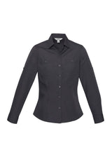 Charcoal long sleeve shirt for women, size 24, with stylish pockets, roll-up sleeves, and a flattering curved hem.