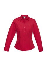 Deep red ladies long sleeve shirt with twin chest pockets, roll-up sleeves, and curved hem from Biz Collection, Size 10.