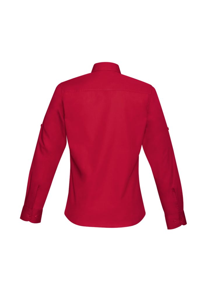 Ladies Bondi Long Sleeve Shirt in Deep Red, Size 12, featuring twin chest pockets, roll-up sleeves, and a stylish curved hem.