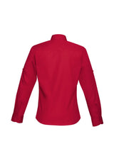 Ladies Bondi Long Sleeve Shirt in Deep Red, Size 12, featuring twin chest pockets, roll-up sleeves, and a stylish curved hem.