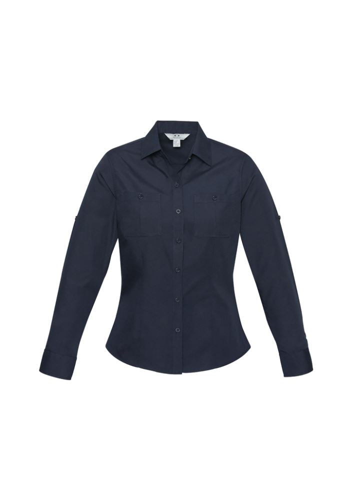 Navy long sleeve shirt for ladies, size 22, featuring twin chest pockets, roll-up sleeves, and stylish curved hem.
