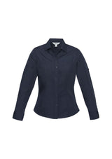 Navy long sleeve shirt for ladies, size 22, featuring twin chest pockets, roll-up sleeves, and stylish curved hem.