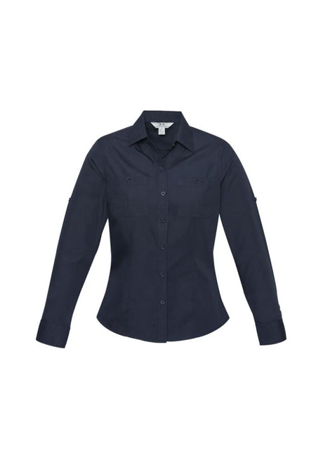 Navy long sleeve shirt for ladies, size 18, featuring UPF protection, twin chest pockets, and a versatile roll-up sleeve design.