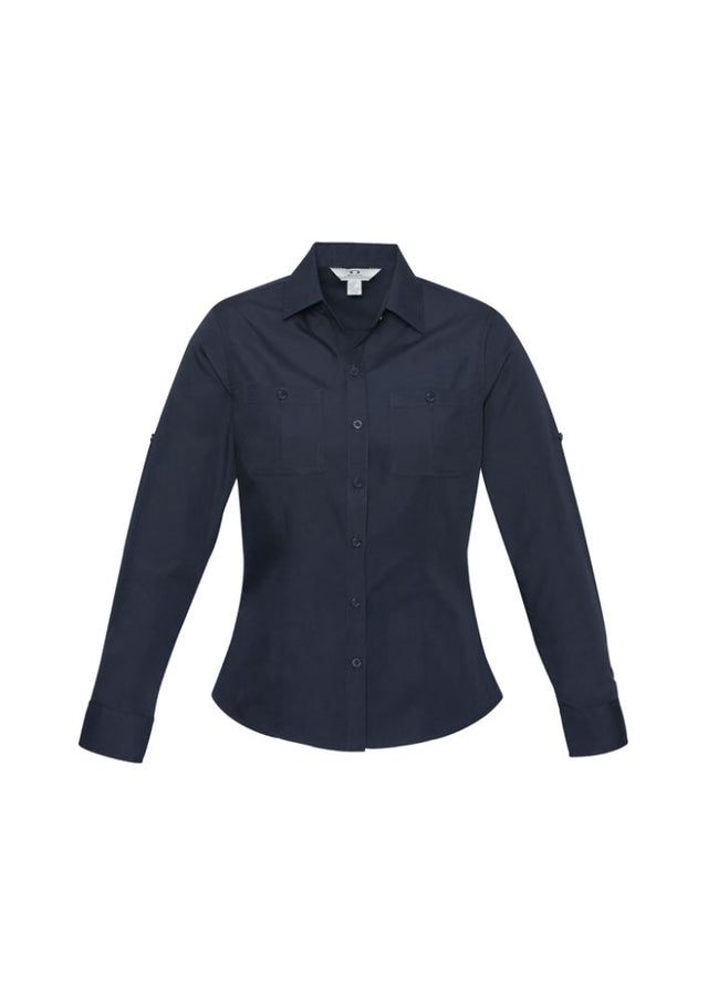 Navy long sleeve shirt for ladies, size 18, featuring UPF protection, twin chest pockets, and a versatile roll-up sleeve design.