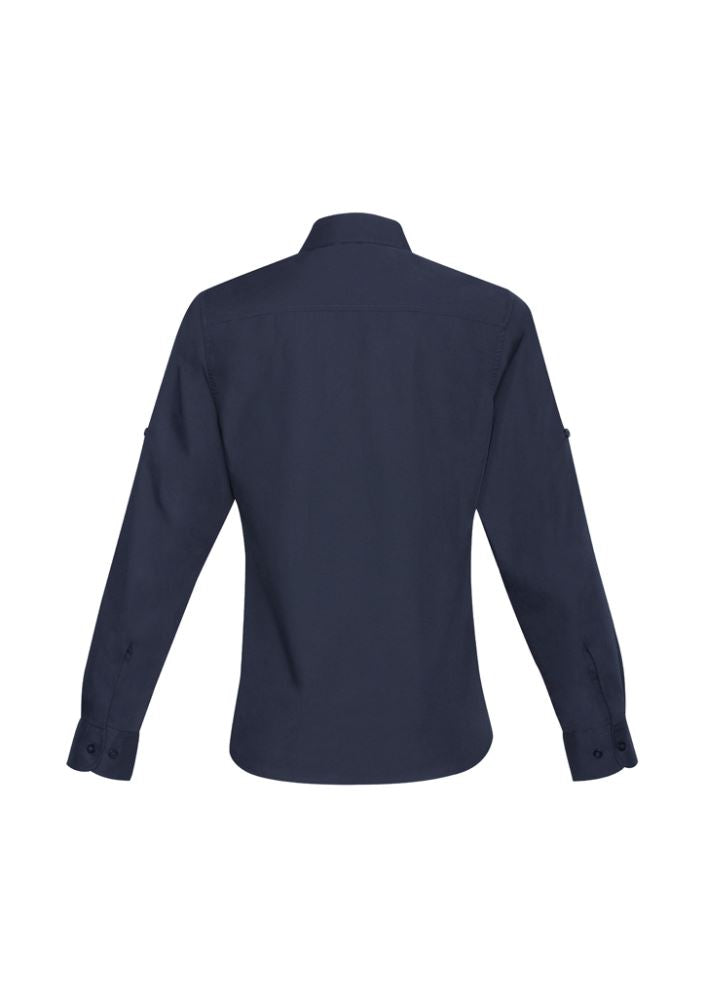 Ladies Bondi Long Sleeve Shirt in navy, size 6, featuring twin chest pockets, roll-up sleeves, and flattering curved hem.