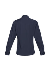 Ladies Bondi Long Sleeve Shirt in navy, size 6, featuring twin chest pockets, roll-up sleeves, and flattering curved hem.