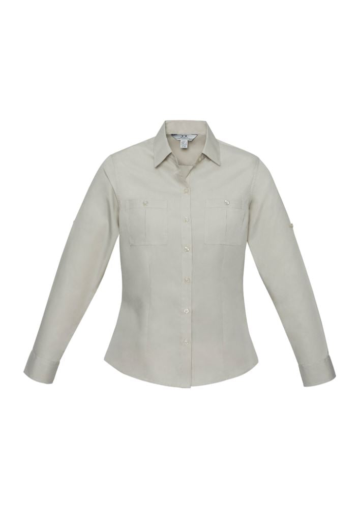 Ladies Bondi Long Sleeve Shirt in Sand, size 10, featuring twin chest pockets, roll-up sleeves, and a curved hem for versatile styling.