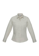 Ladies Bondi Long Sleeve Shirt in Sand, Size 24, featuring twin chest pockets and roll-up sleeves for versatile style.