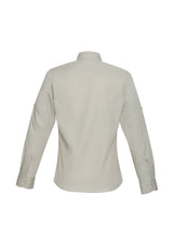 Ladies Bondi Long Sleeve Shirt in Sand, size 22, featuring stylish twin chest pockets and roll-up sleeves for versatility.