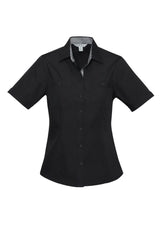Ladies Bondi Short Sleeve Shirt in Black/Check, Size 8; features twin pockets, UPF protection, and versatile styling options.