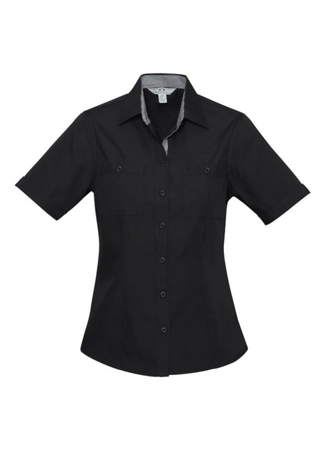 Ladies Bondi Short Sleeve Shirt in Black/Check, Size 8; features twin pockets, UPF protection, and versatile styling options.