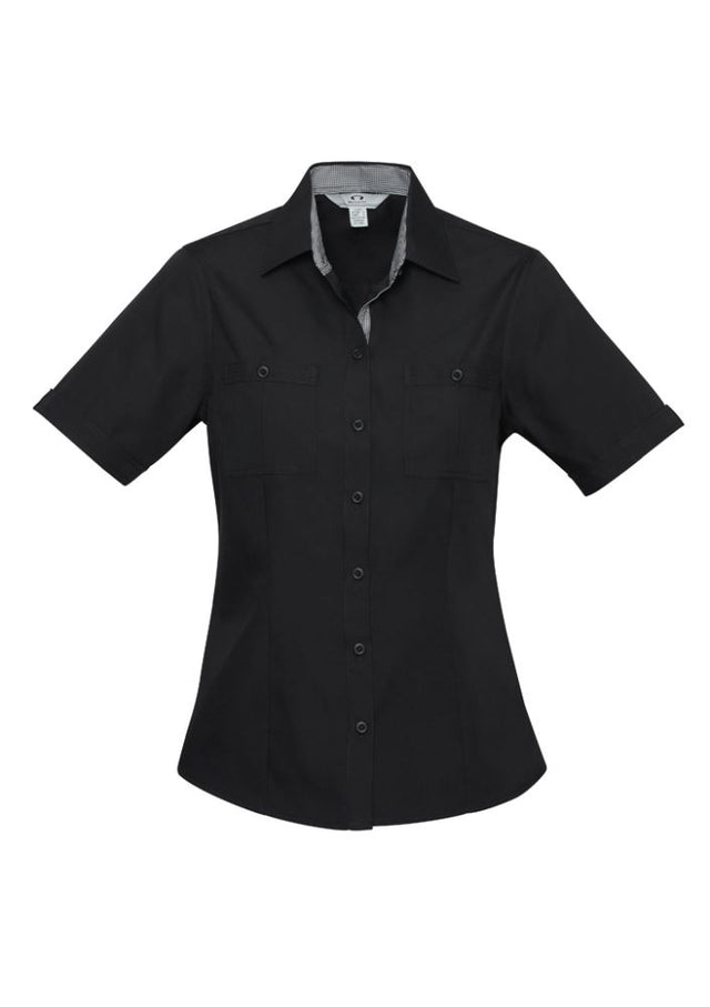 Ladies Bondi Short Sleeve Shirt in Black/Check, Size 8; features twin pockets, UPF protection, and versatile styling options.