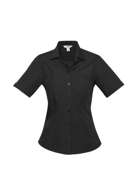 Ladies Bondi Short Sleeve Shirt in black, size 18, featuring twin chest pockets and a stylish curved hem for versatile wear.