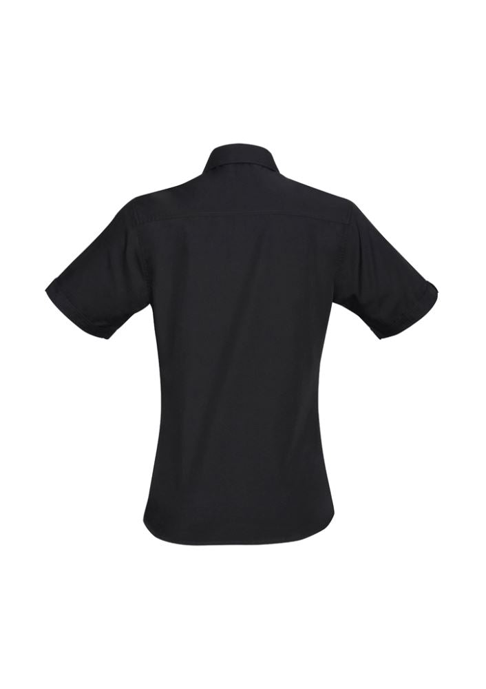 Ladies Bondi Short Sleeve Shirt in black, Size 16, featuring UPF protection, twin chest pockets, and a flattering curved hem.